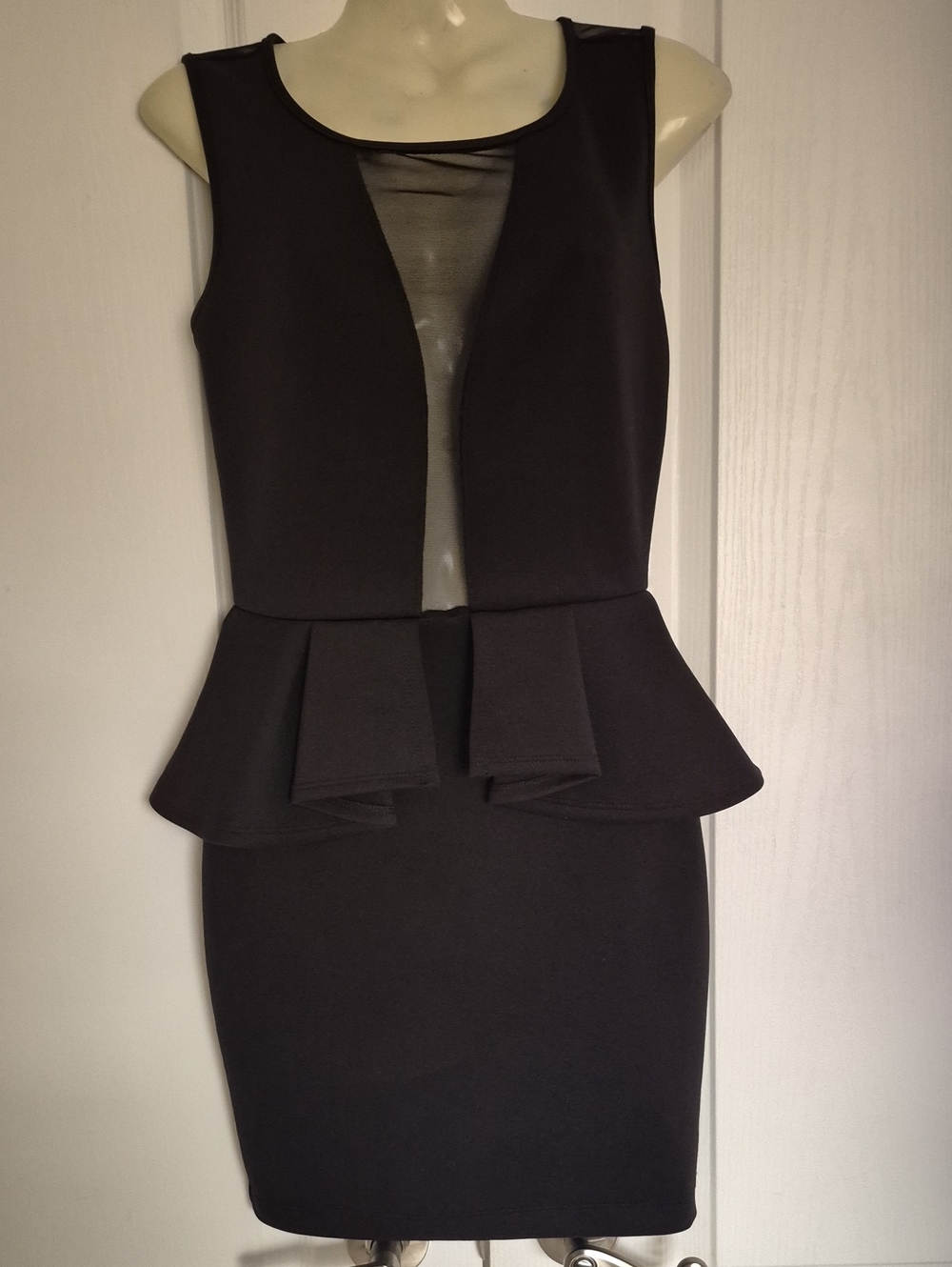 Black Peplum Sheath Dress with Mesh Inset